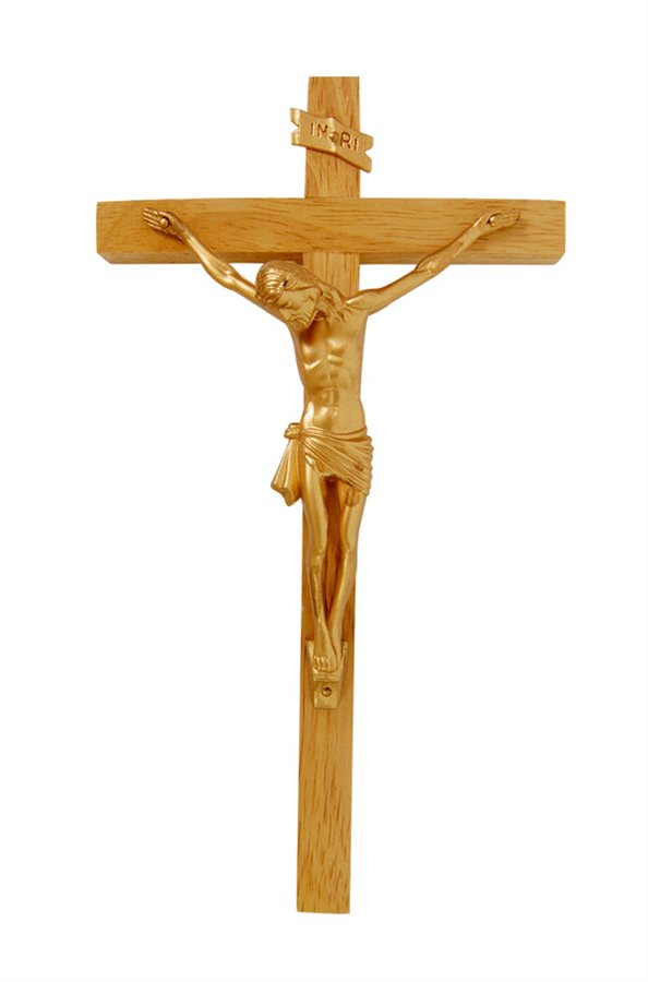 Crucifix en bois, corpus en plastique doré, 20,3 cm