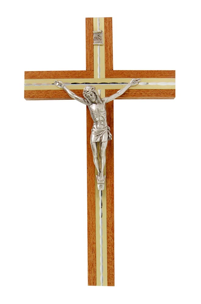 Wooden Crucifix, Silver-Finish Corpus, 8"