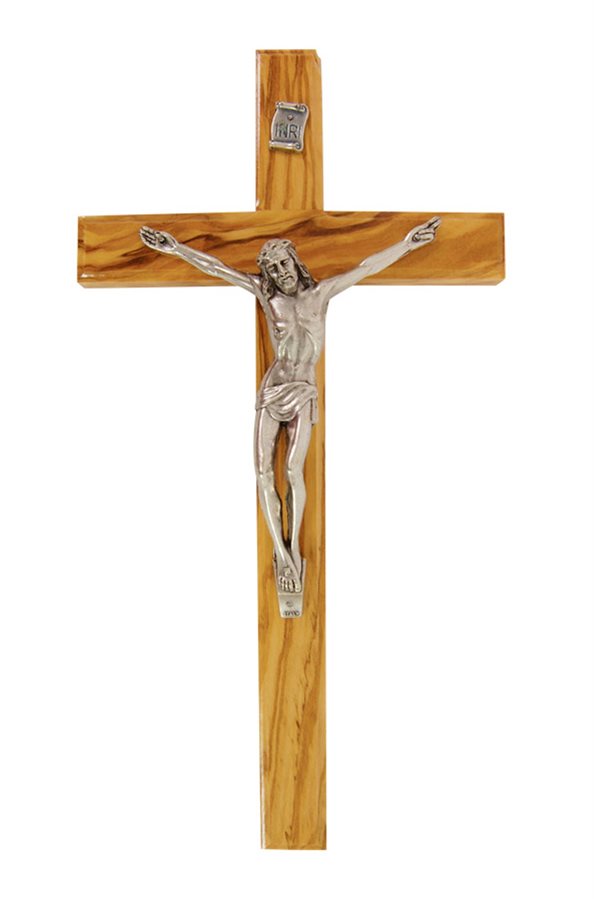 Crucifix bois d'olivier, corpus métal arg., 25,4 cm