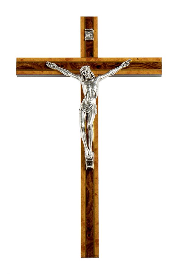 3-Col. Wooden Crucifix, Silver Metal Corpus, 12"