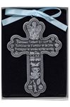 Pewter Cross for Baby Boy, Blue Ribbon, 3½", French  /  ea