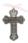 Croix baptême fille, étain, ruban rose, 9 cm, Anglais  /  un