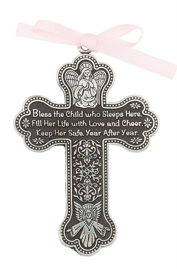 Croix baptême fille, étain, ruban rose, 9 cm, Anglais / un