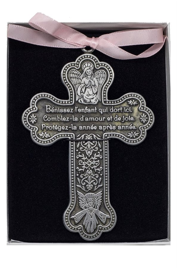 Pewter Cross for Baby Girl, Pink Ribbon, 3½", French / ea