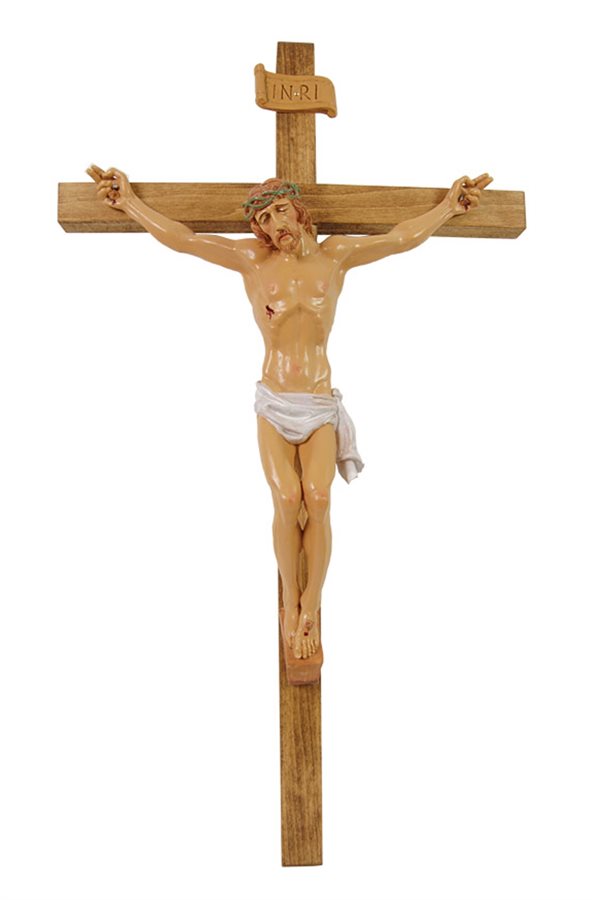 Crucifix en acajou, corpus en résine, 43 cm