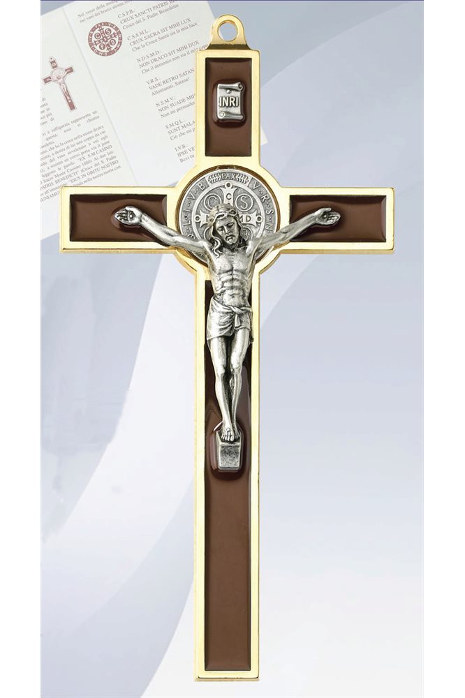 Croix Saint Benoît doré, émail brun, 13,5 cm