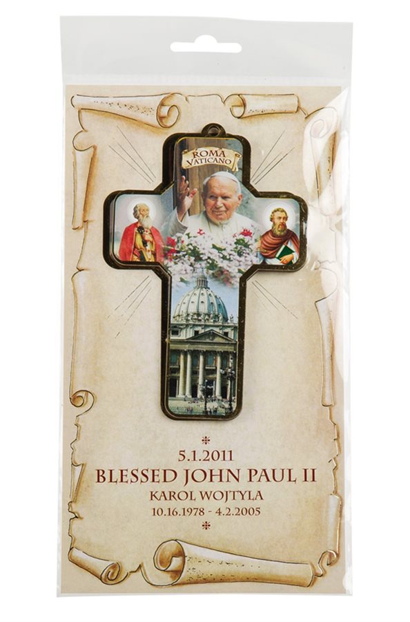 Pope John Paul II Wooden Cross with Card & English Text, 5''