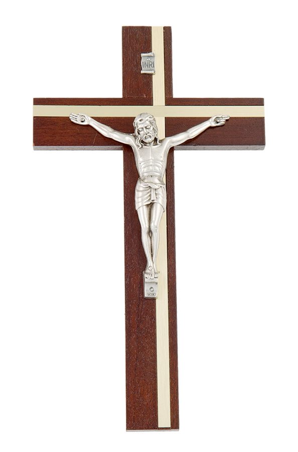 Dark-Col. Wooden Crucifix, Silver Corpus, 8"