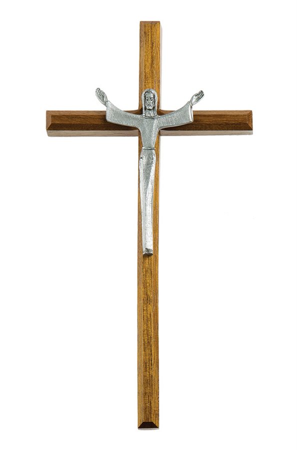 Walnut Crucifix, Vintage Silver Corpus, 10"