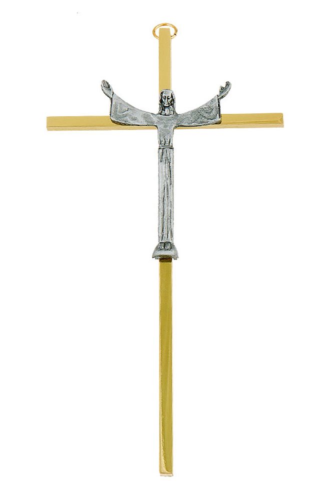 Crucifix laiton doré, corpus métal arg., 18 cm