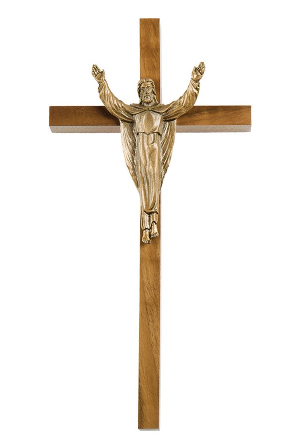 Crucifix noyer, corpus en métal bronze, 25,4 cm