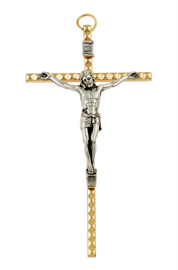 Crucifix métal doré, martelé, corpus arg., 10,8 cm