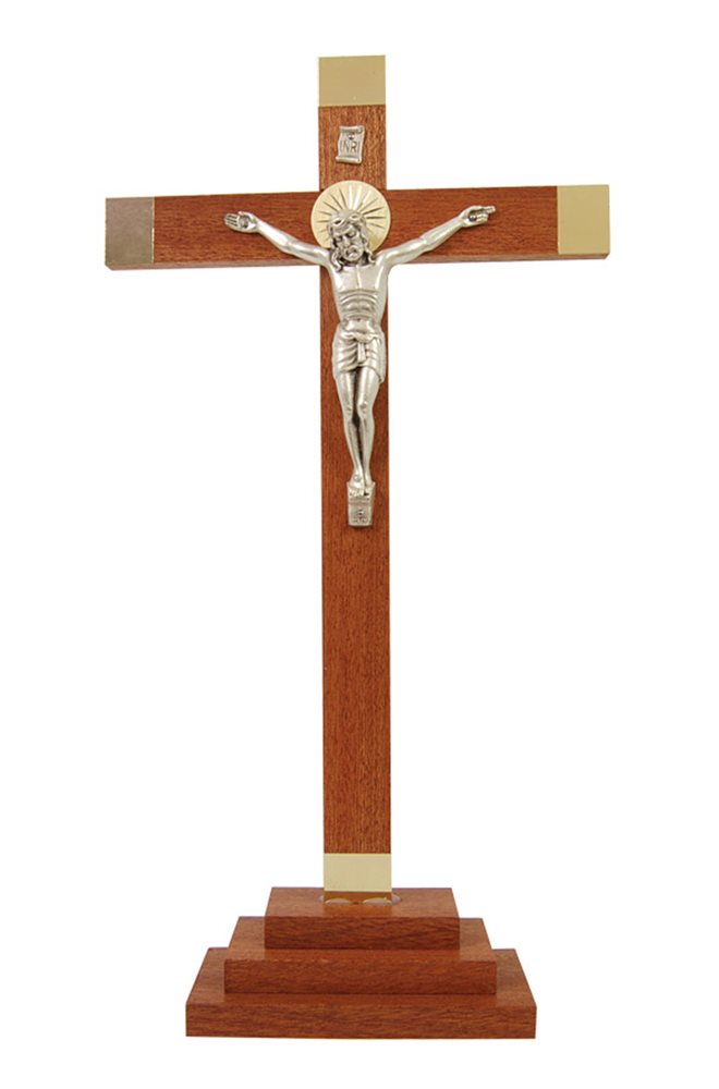Crucifix w / Walnut Base, Silver Corpus, 10½"
