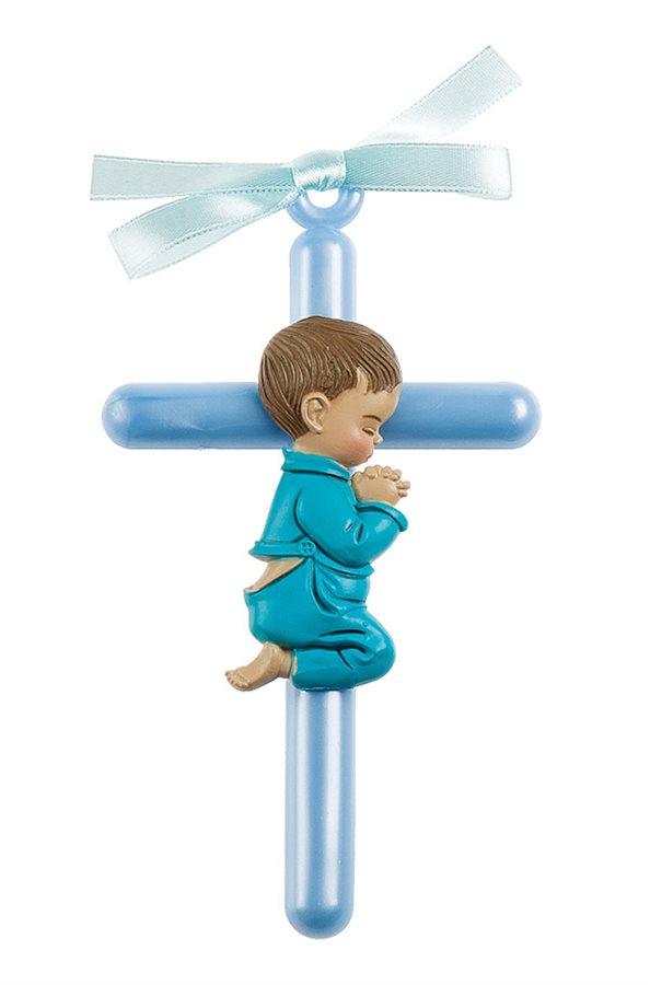 Blue Plastic Cross For Boy, w / Blue Ribbon, 6"