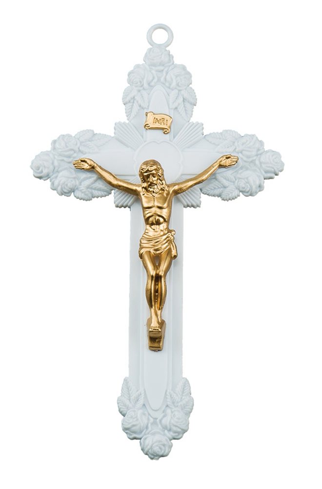 Crucifix plastique blanc opaque, corpus doré, 15,2 cm