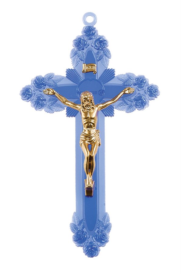 Crucifix en plastique bleu, corpus doré, 15,2 cm