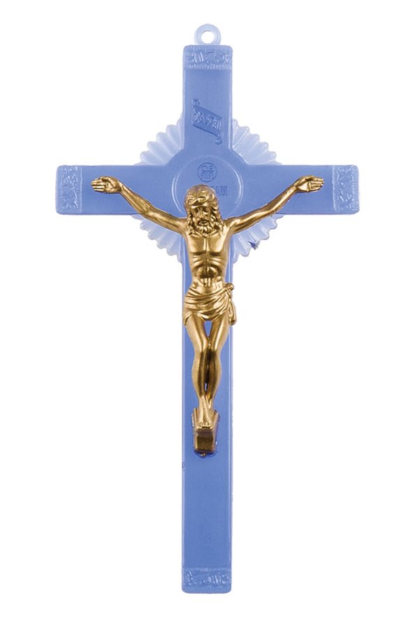 Blue Plastic Crucifix, Golden Corpus, 6"