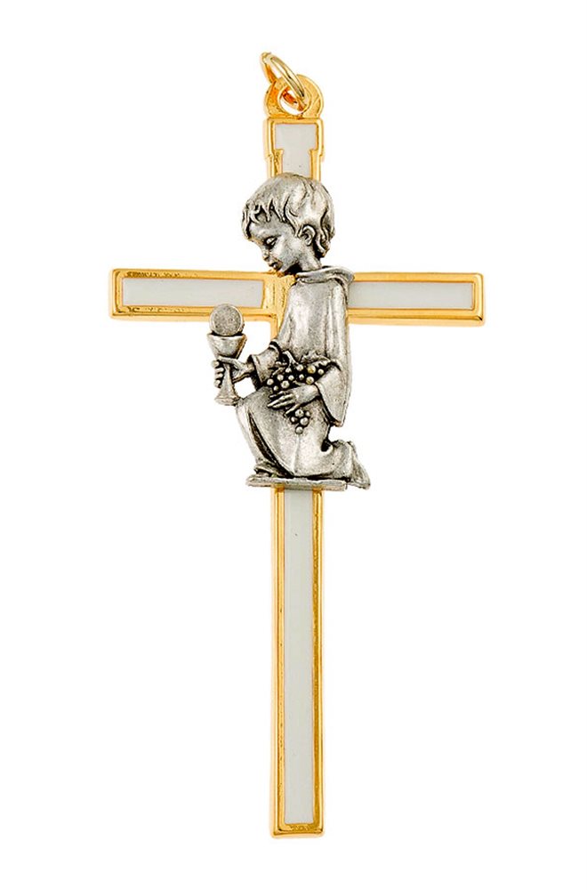 Gilt & White Enamel Metal Cross, Pewter Boy, 5"