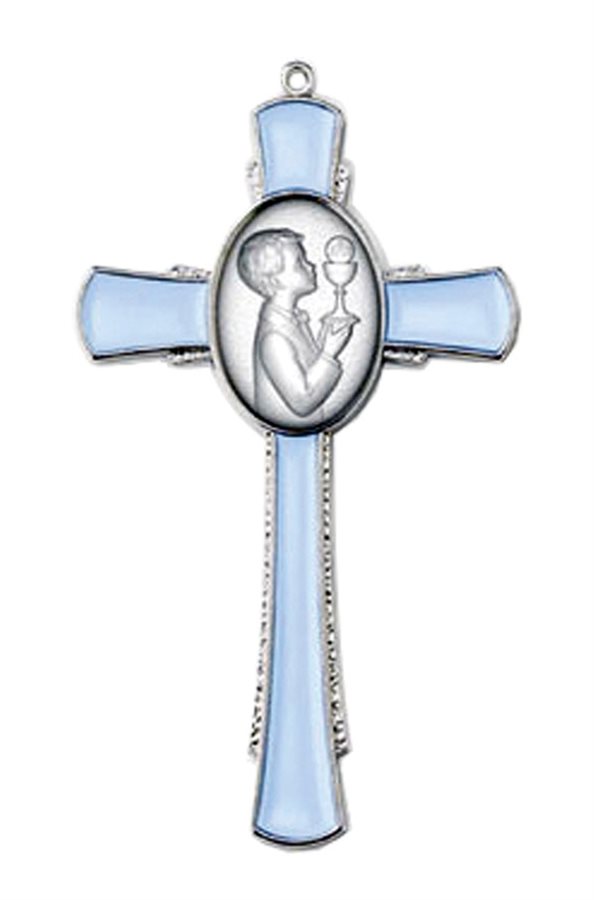 Communion Cross for Boys, Blue Enamel, 4½''