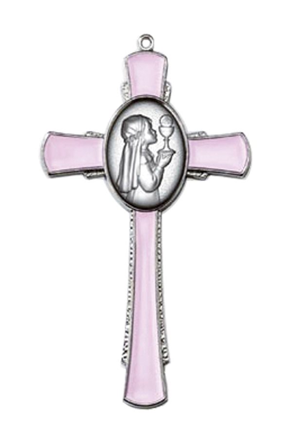 Communion Cross for Girls, Pink Enamel, 4½''