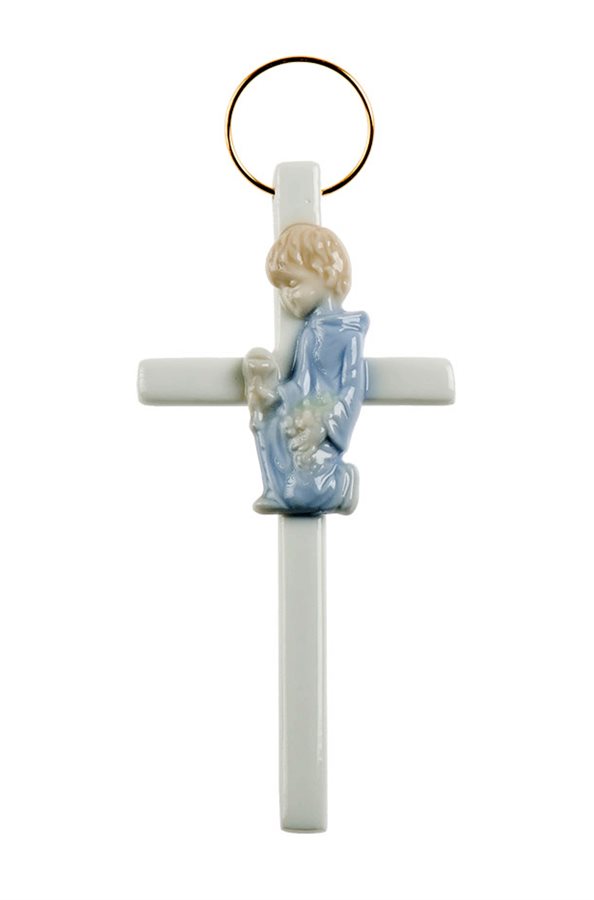 Porcelain Cross with Blue & Pink Boy, 5½"
