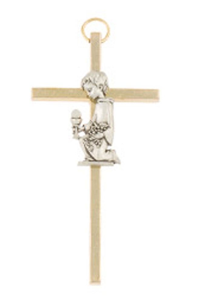 Gold-Plated Metal Cross w / Silver Boy, 3¼"