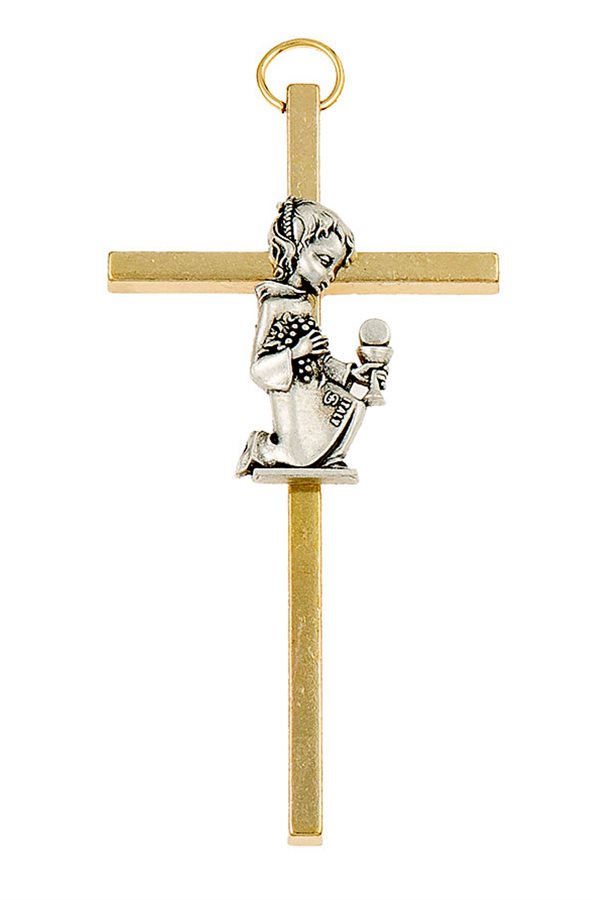 Gold-Plated Metal Cross w / Silver Girl, 3¼"