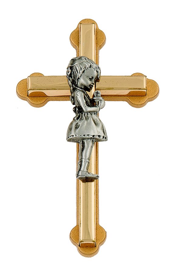 Croix en métal bicolore avec fillette, 11,5 cm