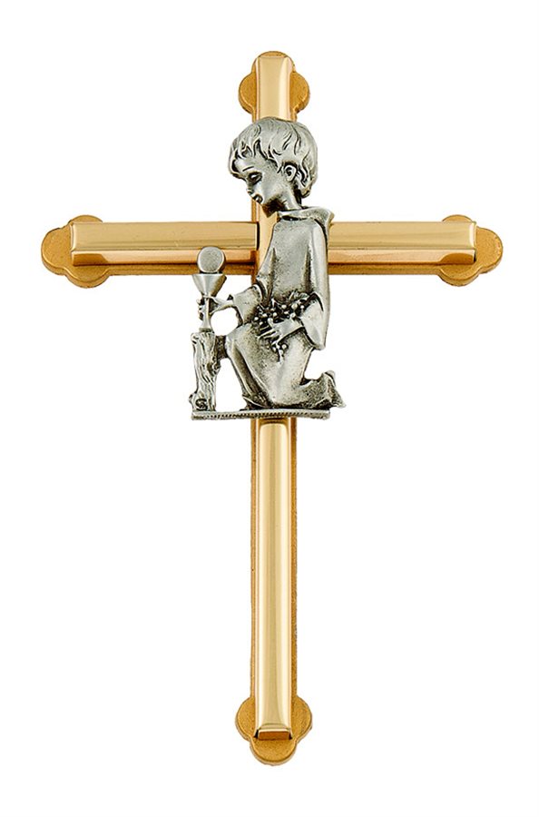 Croix 1ère Communion bicol., garçon agenouillé, 15 cm