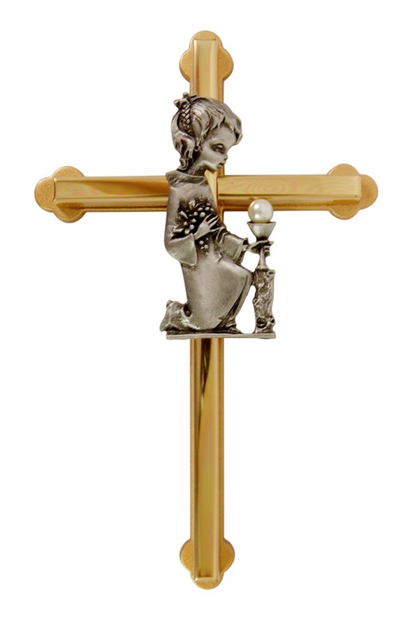 Croix 1ère Communion bicol., fille agenouillée, 15 cm