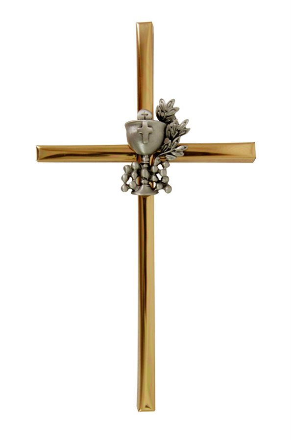 Croix métal doré, calice et blé en étain, 15 cm