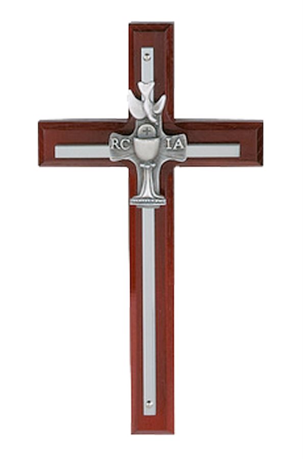 Silver"RCIA"cross on cherry stained / w,boxed,7"