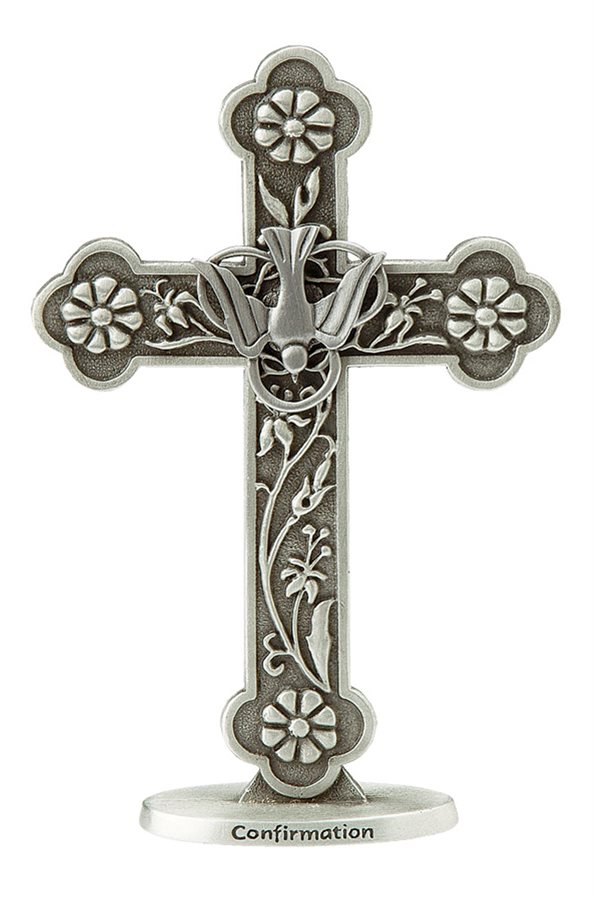 Croix Confirmation, colombe et base en étain, 12 cm