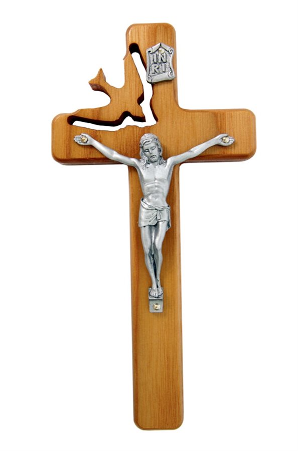 Crucifix bois, colombe, corpus métal arg., 20 cm