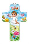 Croix baptêrme ange et papillon, bois blanc, 18 cm