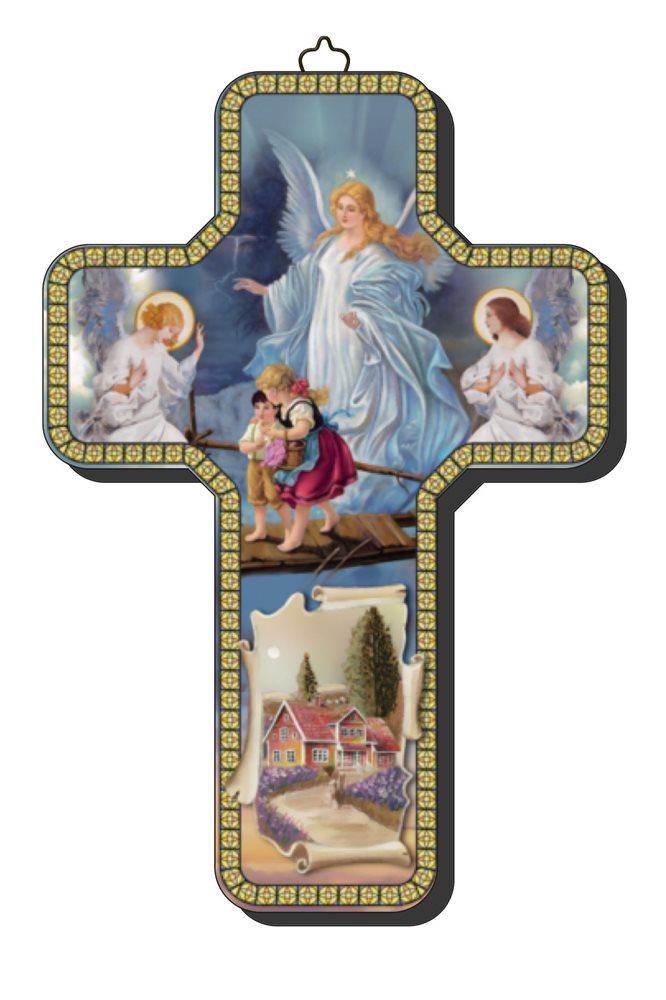 Wood Icon Cross Guardian Angel 12 x 18 cm