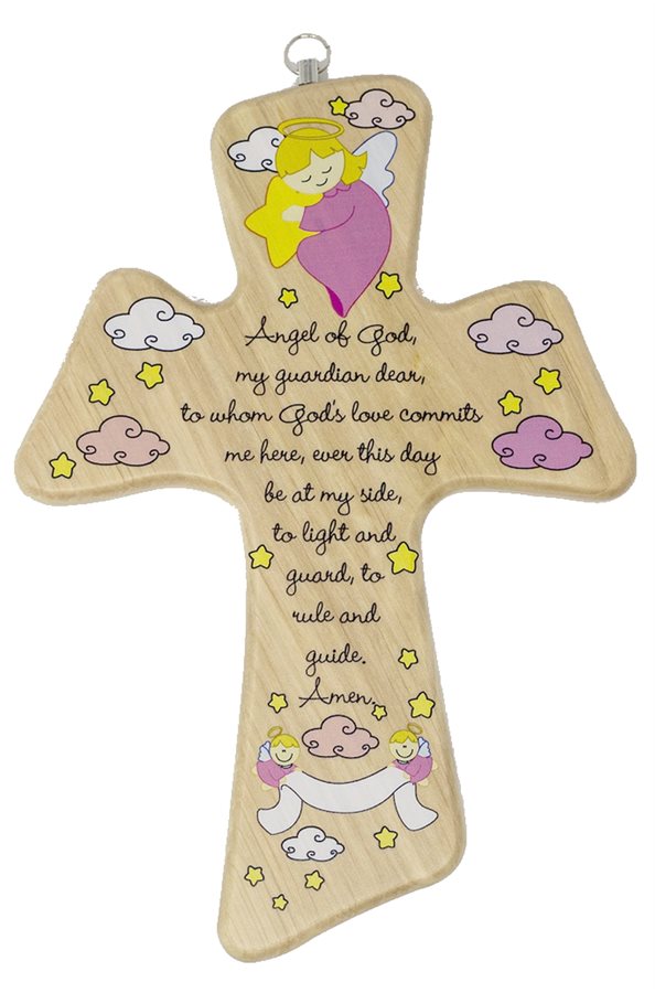 Girl wooden crucifix, God of Angel, 8.7", English