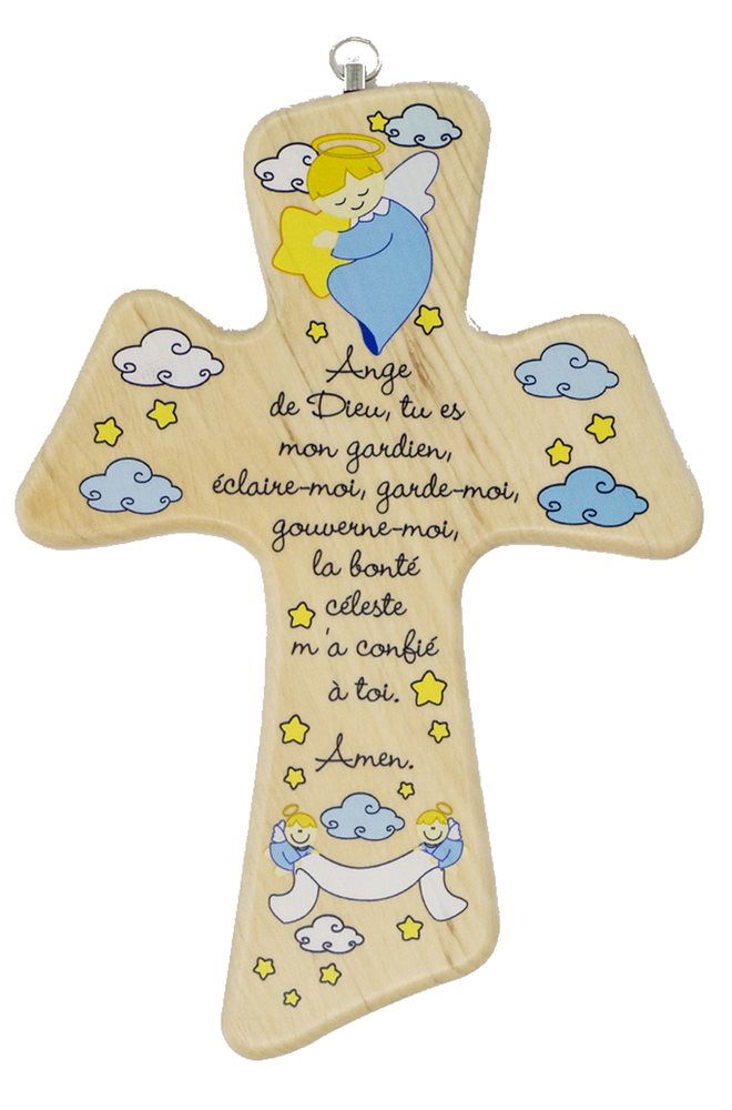 Croix baptêrme bois garçon, Ange de Dieu, 22 cm, Français