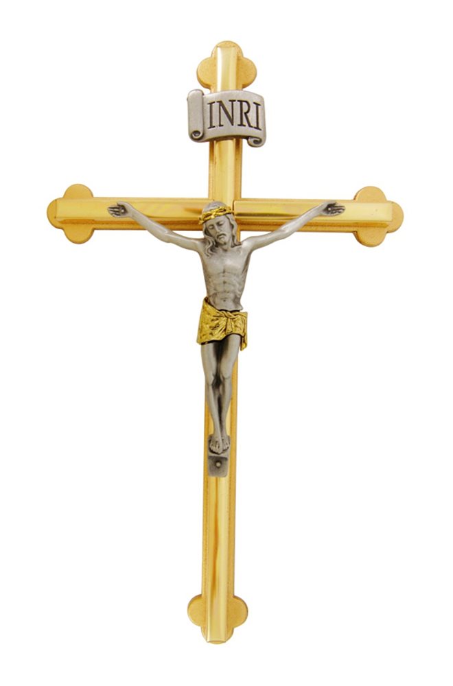 Crucifix métal doré, corpus métal bicol., 20,3 cm