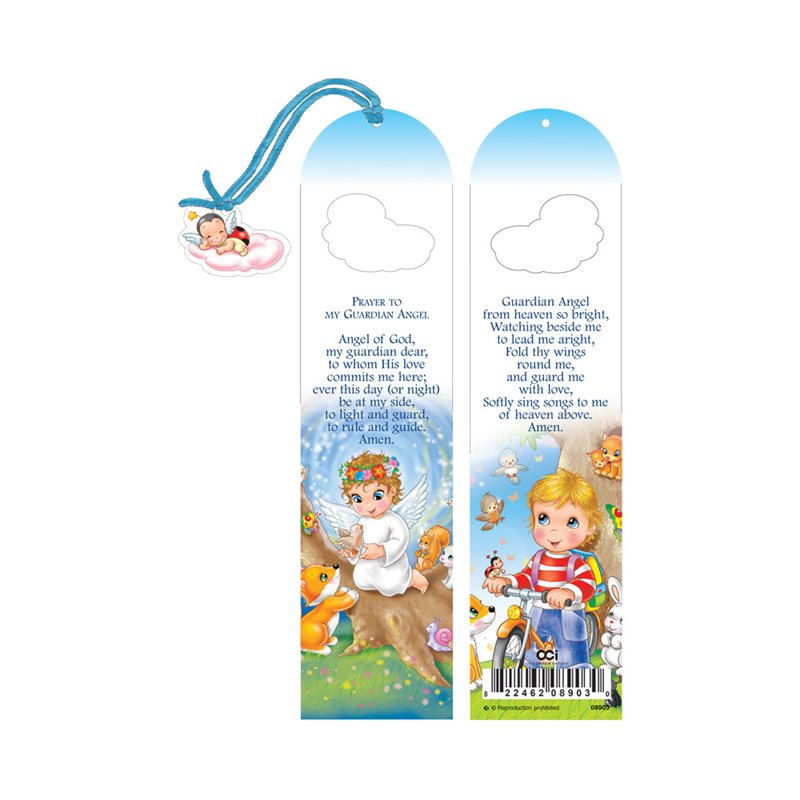 Boy's blue bookmark, laminated cardboard, English