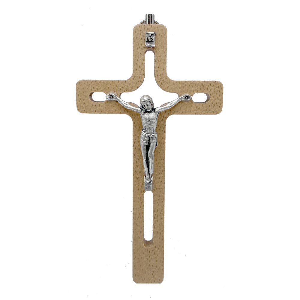 Wood Crucifix and Silver metal Corpus 6'' (15 cm)