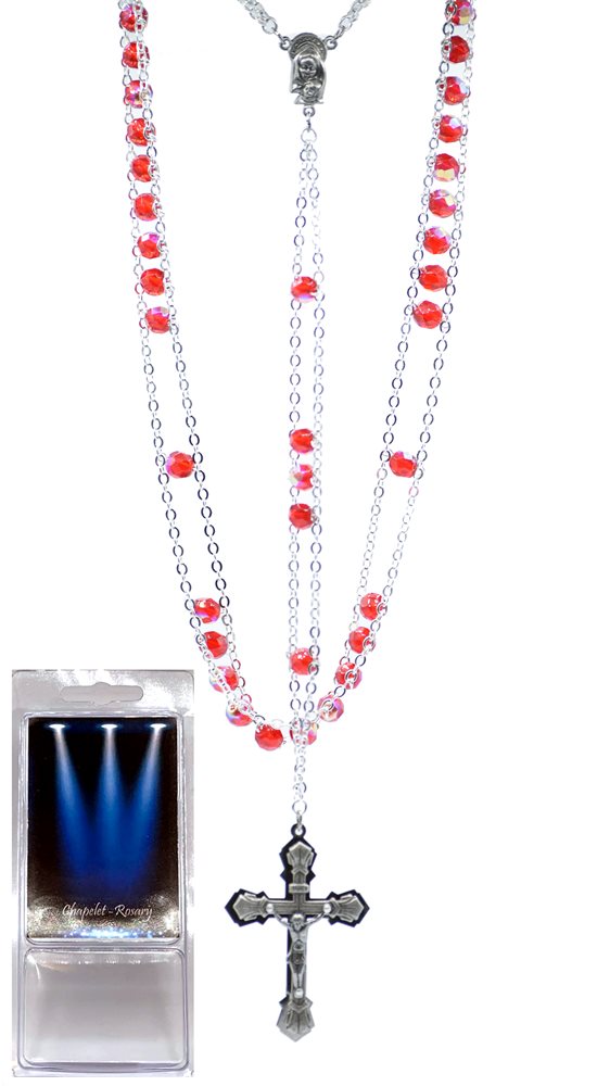 Boxed Ladder Rosary, 7mm Red Glass Beads, 20"