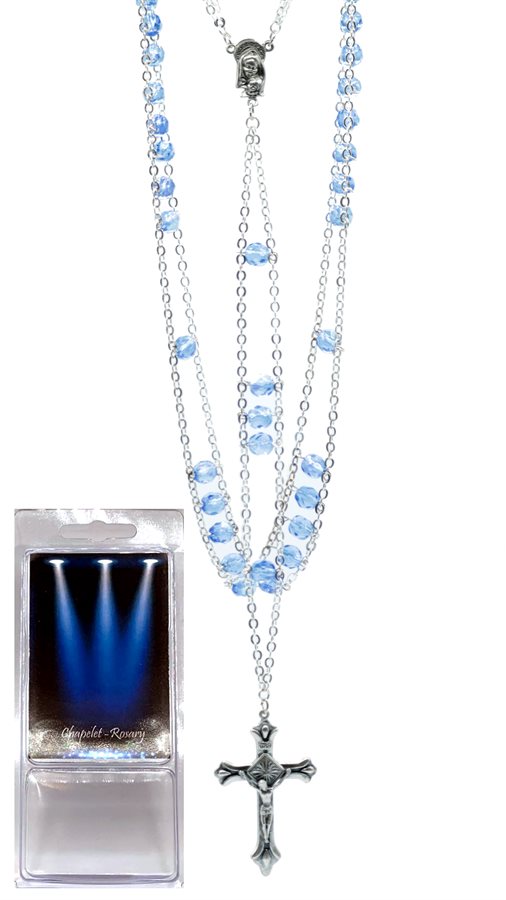 Boxed Ladder Rosary, 7mm Blue Glass Beads, 20"