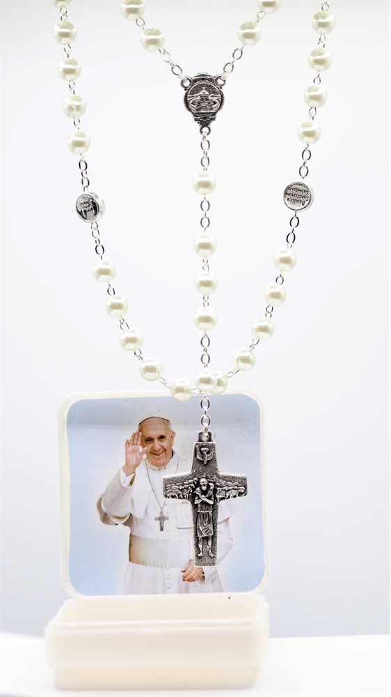 Boxed Rosary,''Pope Francis'',7mm Cream-Color Beads