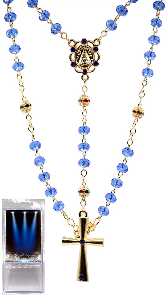 Our Lady rosary, blue crystal, gilded metal, 6mm