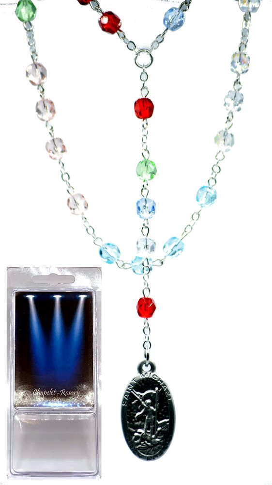 Boxed Rosary, Silver "St. Michael", Multicol. Beads