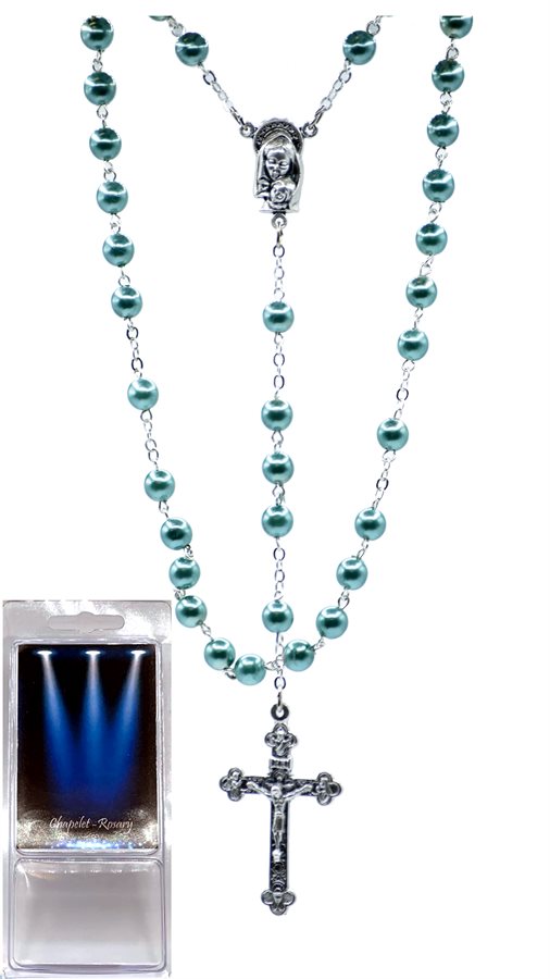 Boxed Rosary, 6mm Pearl Turquoise Gl. Bds, 18"