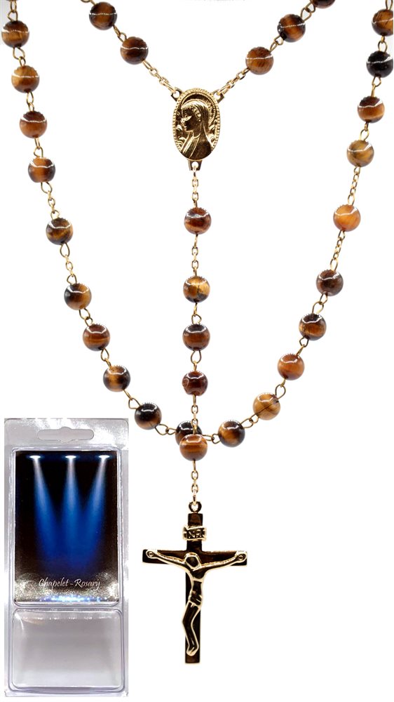 Boxed Rosary, 6 mm Tiger eyes Beads, G-F Cross