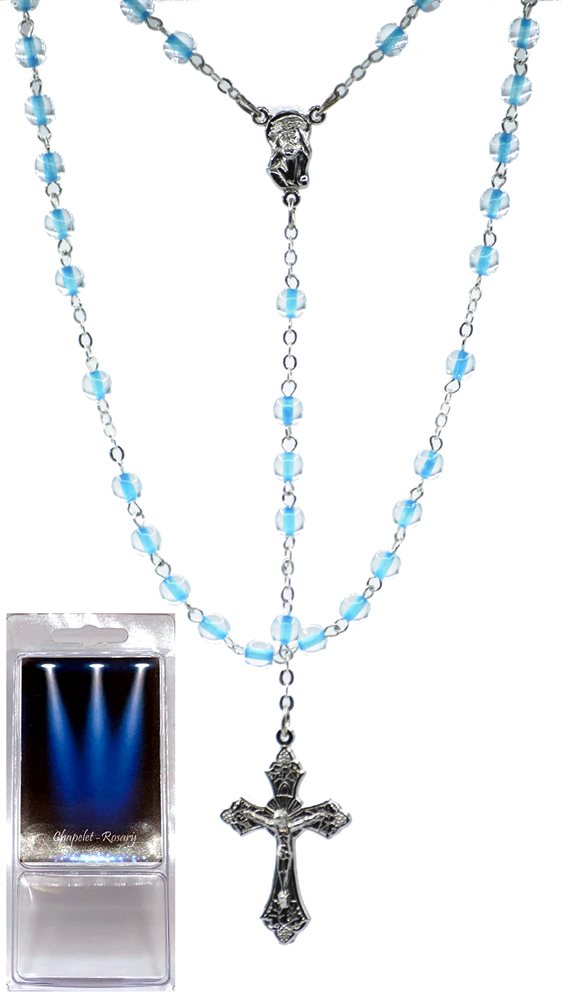 Boxed Rosary, 4mm Blue Frosted Glass Beads, 14"