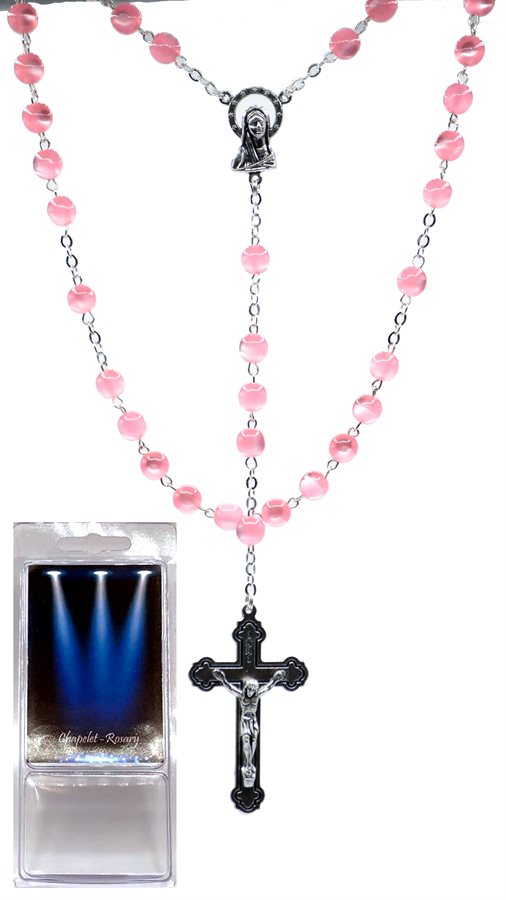 Boxed Rosary, 7mm Pink Acrylic Beads, S-F Corpus
